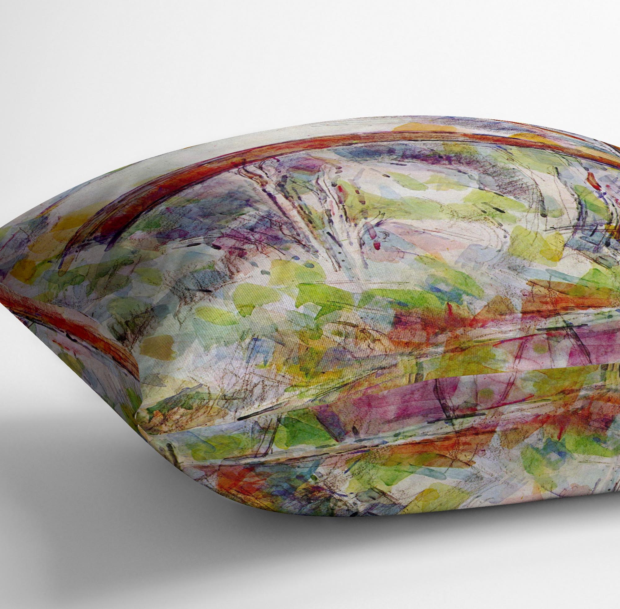 Cushion featuring Cezanne's River at the Bridge of Three Sources design, made from luxurious vegan faux suede with vibrant colors.